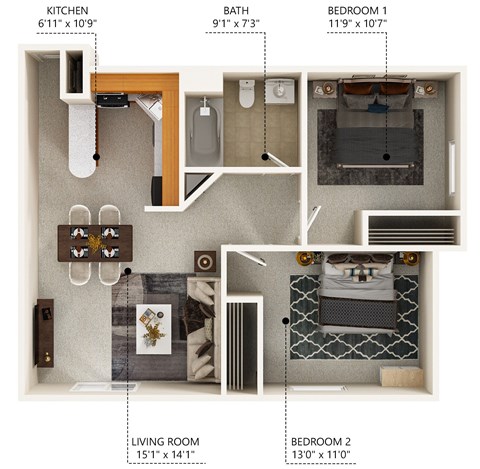 Floor plan for 2 beds, 1 bath, 812 sqft